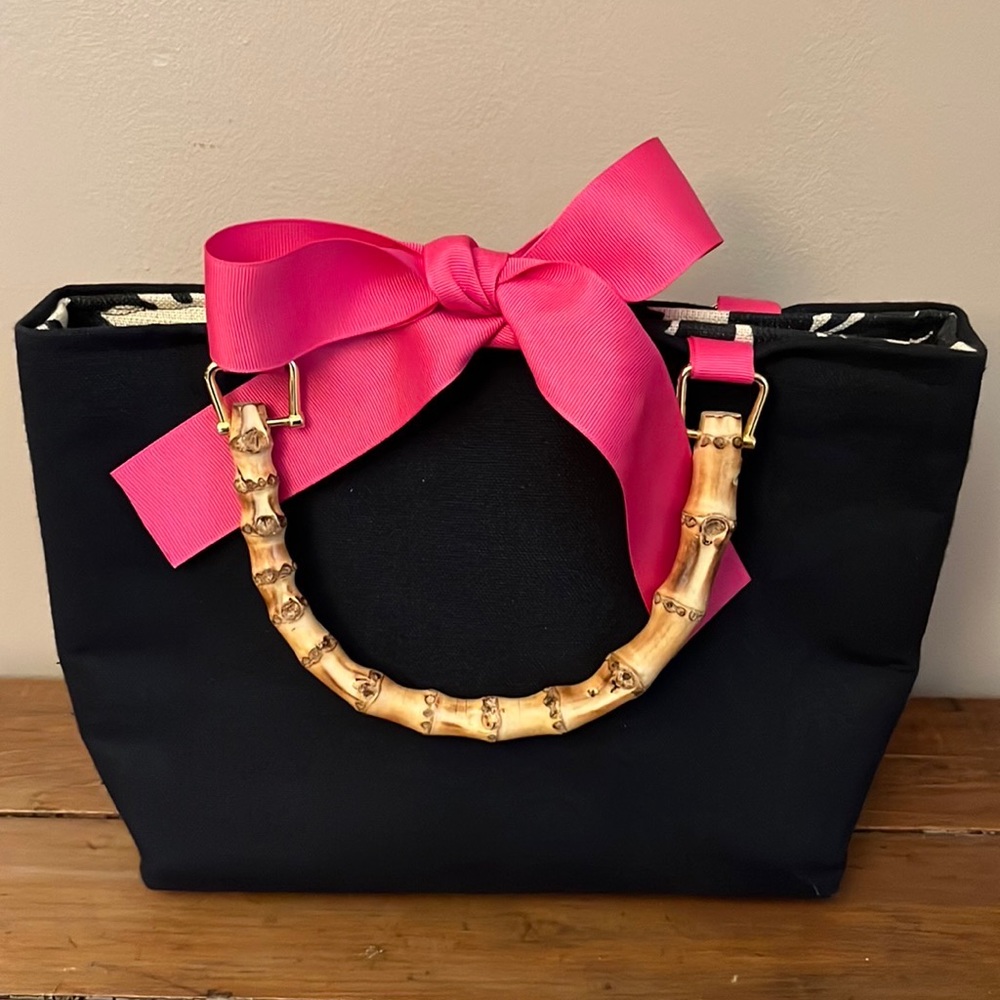 Keeks & Brie Navy Blue with Bright Pink Ribbon Handbag Satchel